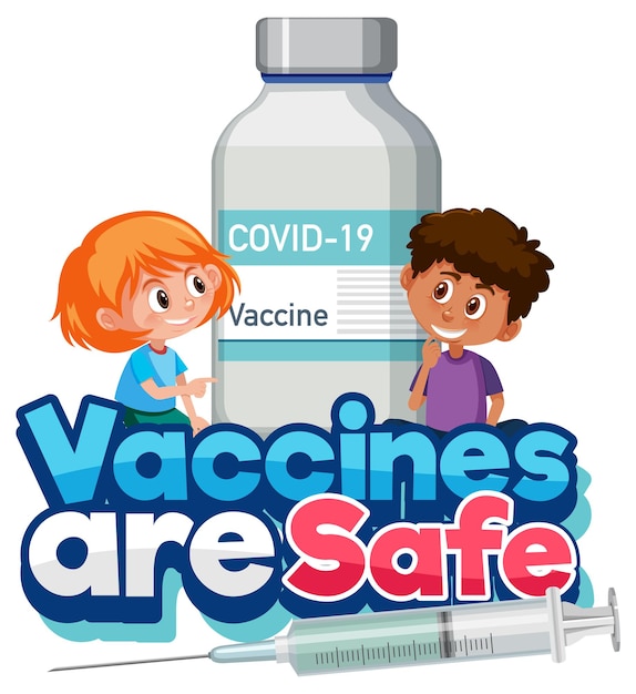 ベクトル ワクチンは、子供がcovid-19ワクチンボトルを持っている安全なフォントです