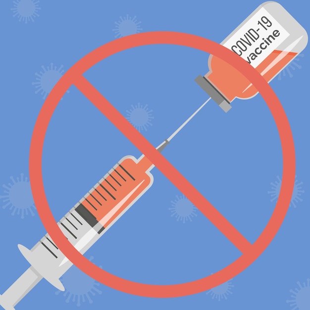 Flacone di vaccino con iniezione di siringa e cartello rosso proibito sullo sfondo con batteri coronavirus. protesta contro la vaccinazione. rifiuto della medicina preventiva. rifiuto del vaccino contro il covid-19. vettore.