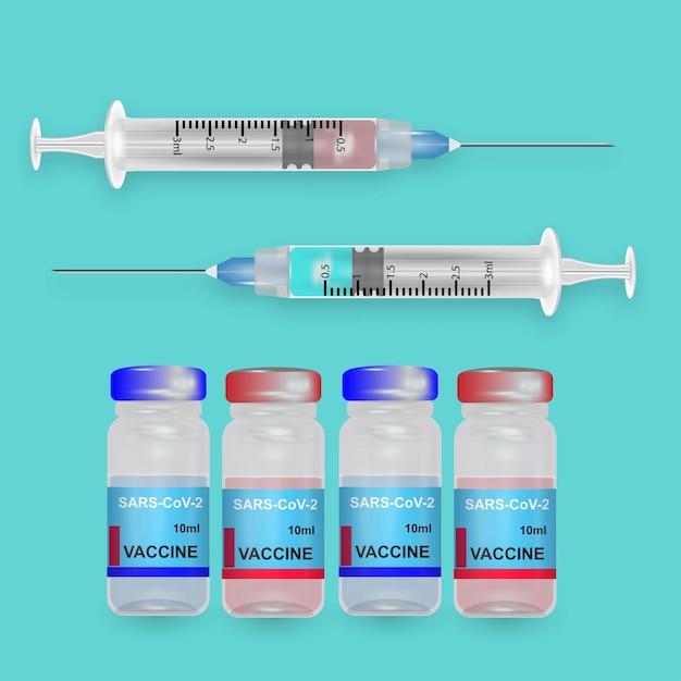 Vaccine bottle with syringe in red and blue on a light blue background Vaccine medication and injection of syringe vaccine for covid19 Vector illustration