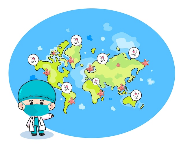 Vaccine and coronavirus in world map hand drawn cartoon art illustration