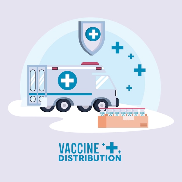 Tema della logistica di distribuzione dei vaccini con ambulanza e fiale nell'illustrazione del cartone della scatola