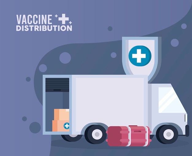 Vaccine distribution logistics theme with deep freezer and truck  illustration