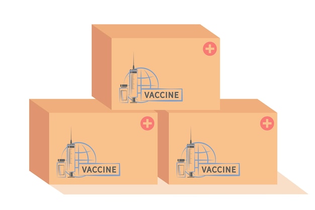 전 세계에 배달하거나 배포할 준비가 된 상자에 담긴 백신