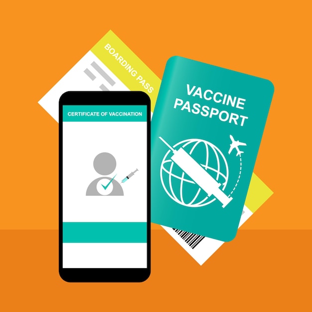 Vector vaccine passport as certificate of vaccination with smartphone application and boarding pass