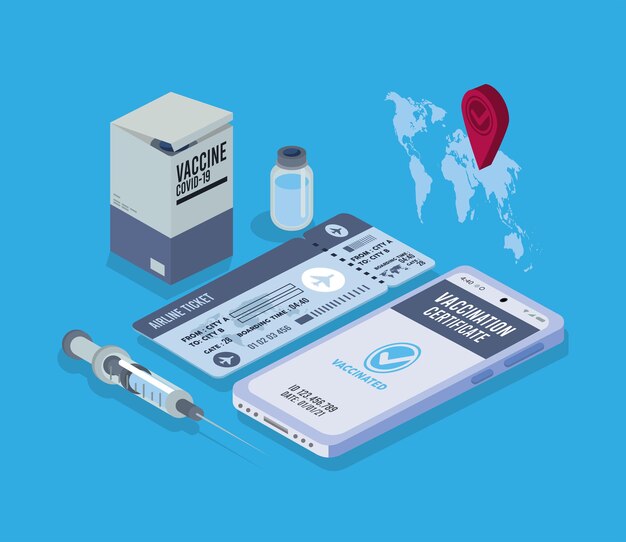 Vector vaccine passport and travel icons