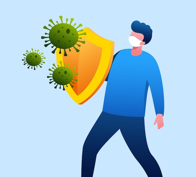 vaccine protect virus man with shield flat vector illustration