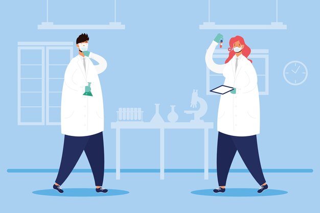 Vaccine research with couple doctors characters vector illustration design