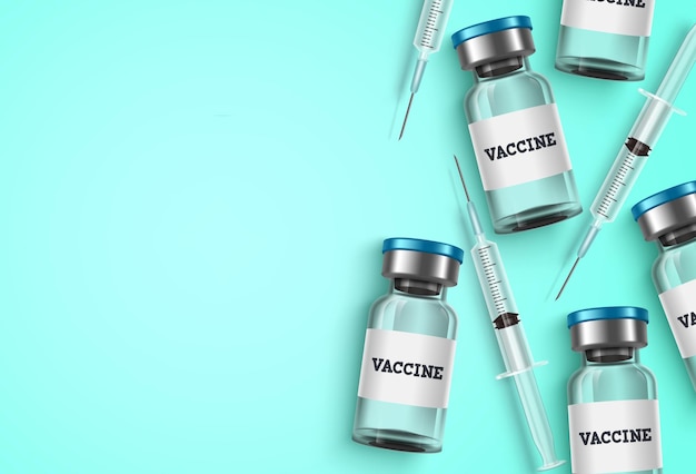 Vaccine and syringe vector background template Vaccine bottles and syringe injection medicine
