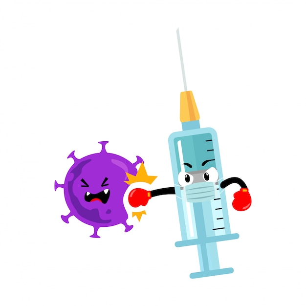 Vaccine syringes character punching coronavirus