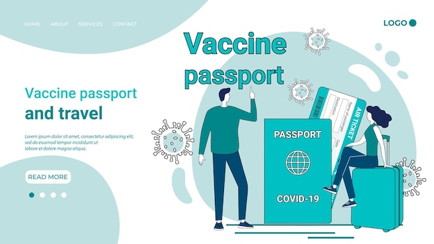 Вектор Паспорт прививок и путешествия мужчина женщина с паспортом машина и чемодан на заднем плане