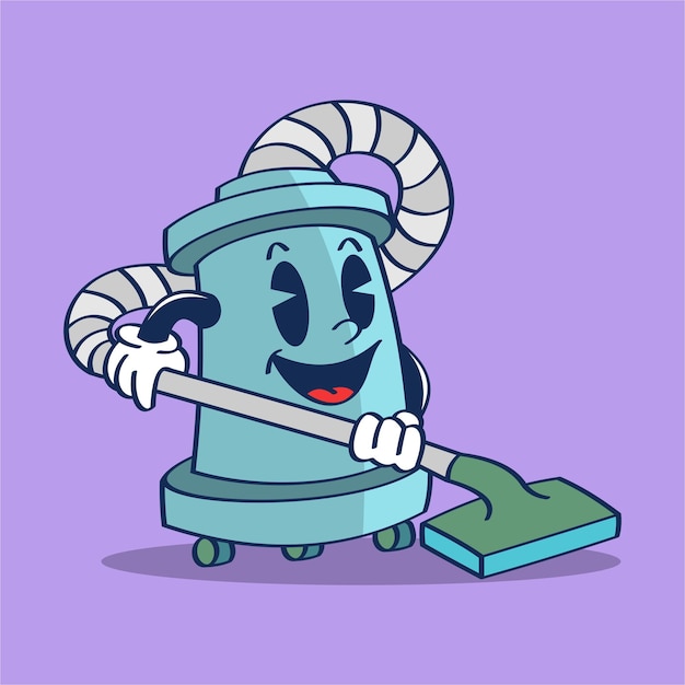 ベクトル 幸せそうな顔で掃除する掃除機の漫画のキャラクター ベクトル イラスト手描きヴィンテージ
