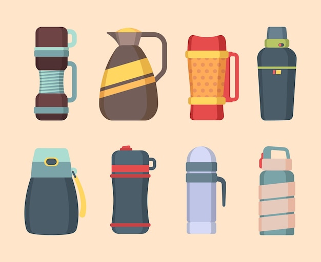 Vector vacuum flask. steel mug and thermos for water or liquids containers bottles for coffee and food vector flat pictures. illustration stainless thermos, thermo vacuum-bottle, vacuum-flask container