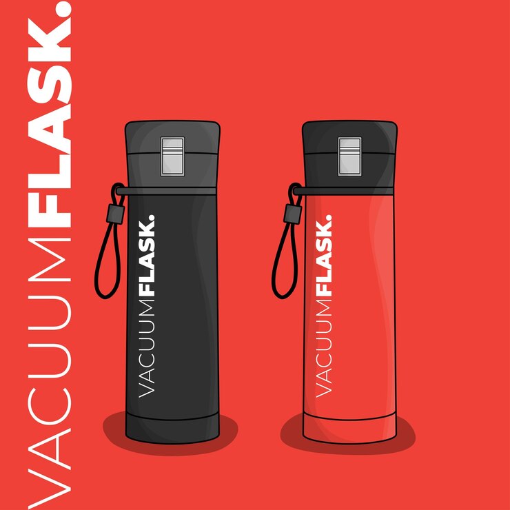 Vector vacuum flask template in red and black design for product branding template design