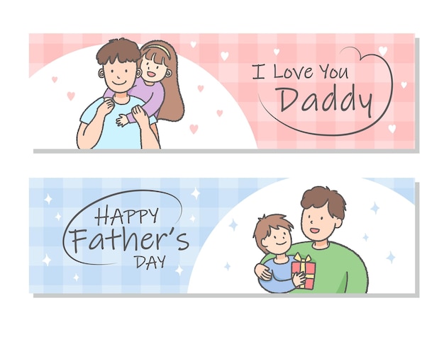 Vector vader en dochter en vader en zoon twee spandoeken die happy father's day vieren