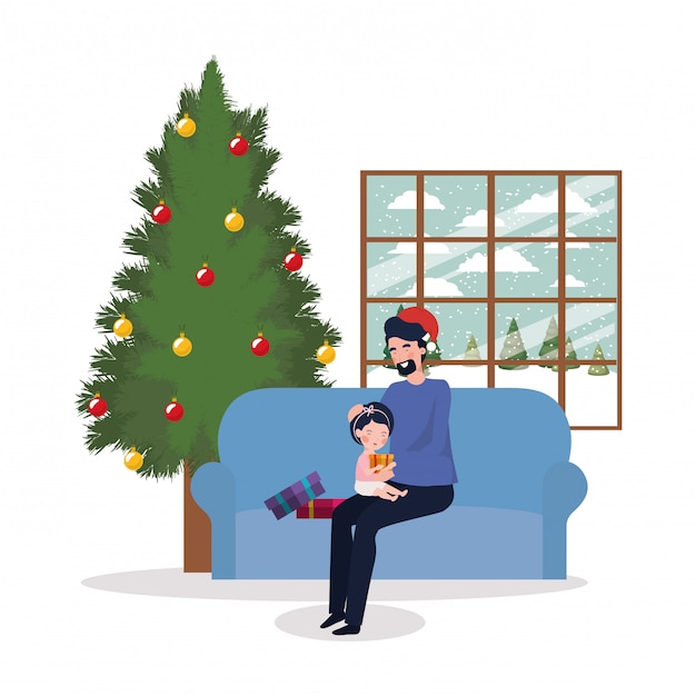 Vader en dochter met kerstboom