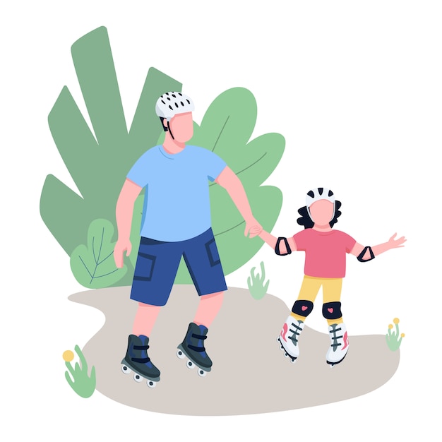 Vader en kind rolschaatsen egale kleur personages. Vader en dochter skaten in het park, geïsoleerde gelukkige familiemomenten cartoon illustratie voor web grafisch ontwerp en animatie