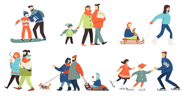 Vader en moeder met kind plezier in de winter. Snowboarden en kunstschaatsen, personages wandelen en hete thee drinken, kind zittend op een slee. Wintertijd weekenden of feestdagen, vector in flat