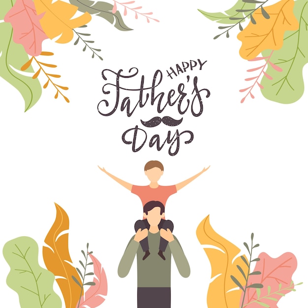 Vader en zoon met belettering happy fathers day het concept van gelukkige familie op witte achtergrond met planten illustratie kan worden gebruikt voor vakantie ontwerp kaarten posters banners