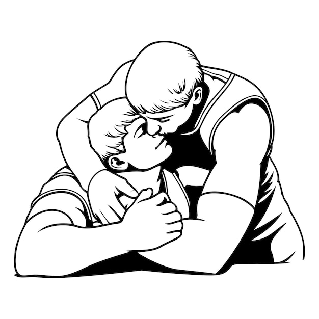 Vader en zoon omhelzen en kussen zwarte en witte vector illustratie