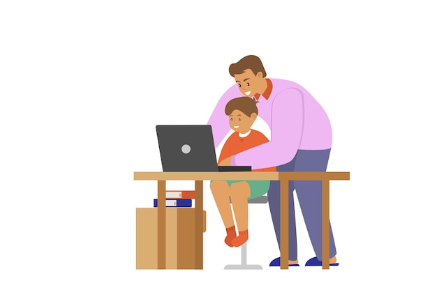 Vader leert zoon huiswerk via laptop Cartoon karakter illustratie karakters geïsoleerd op een witte achtergrond