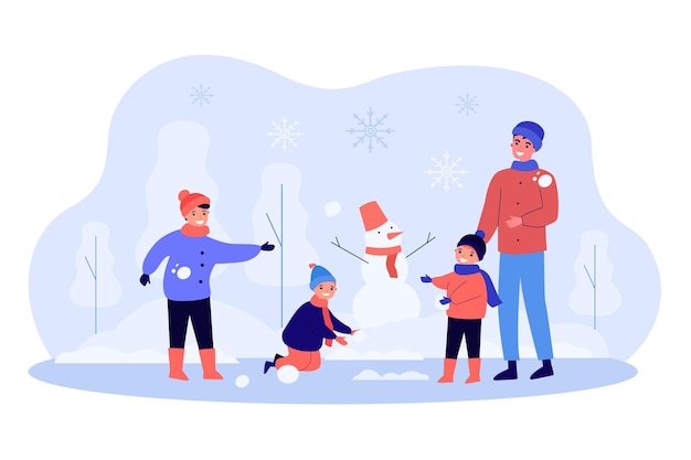 Vader met kinderen die sneeuwballengevecht hebben. cartoon familie spelen met sneeuw buiten platte vectorillustratie. winteractiviteit, familietijdconcept voor banner, websiteontwerp of landingswebpagina