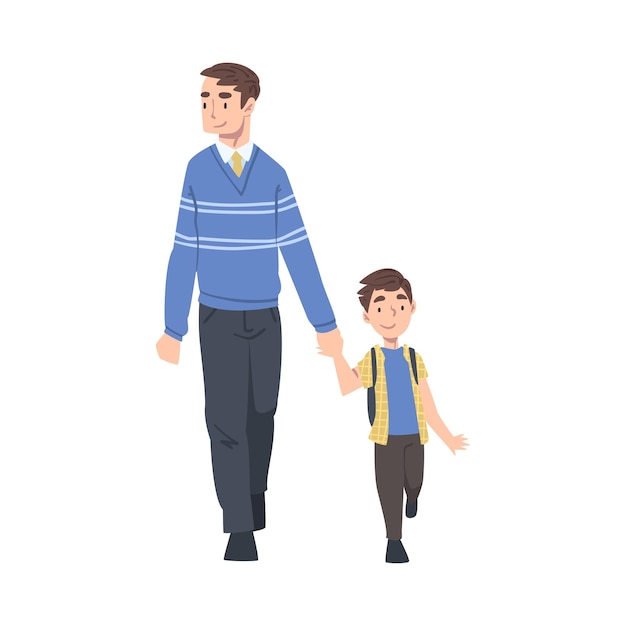 Vader neemt zijn zoon's morgens mee naar school Ouder en kind met rugzak lopen samen hand in hand Cartoon Style Vector Illustration