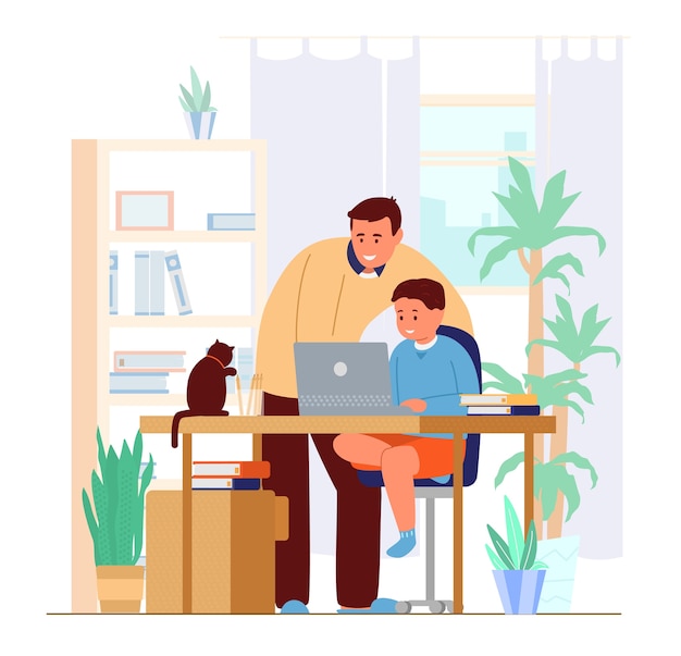 Vader of tutor die zoon thuis onderwijst