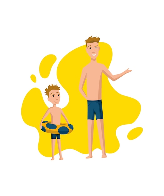 Vader tijd doorbrengen met zoon. Vader en zoon maken zich klaar om te zwemmen in het zwembad, gelukkig familieconcept. Vaderschap platte cartoon vectorillustratie. Buiten activiteit