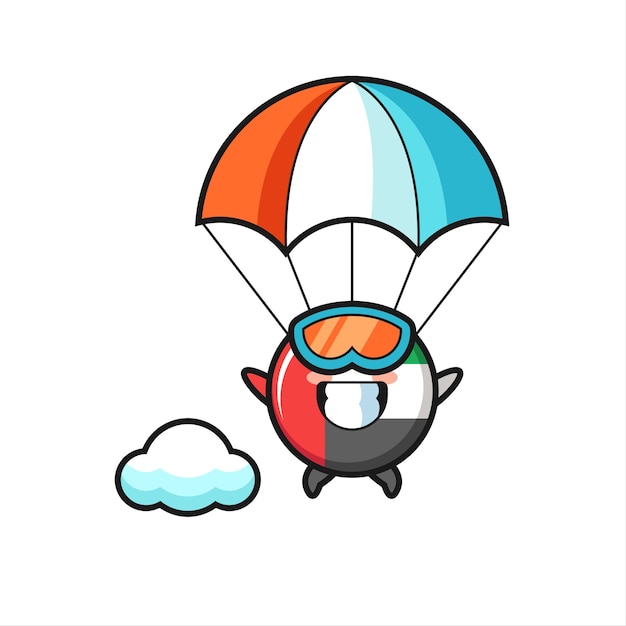 VAE vlag badge mascotte cartoon is parachutespringen met gelukkig gebaar, schattig stijlontwerp voor t-shirt, sticker, logo-element