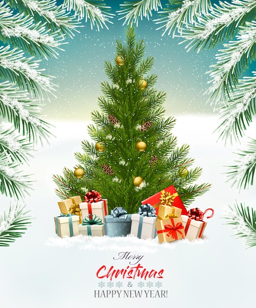 Vakantie achtergrond met een kerstboom en cadeautjes. vector