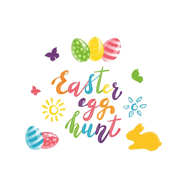 Vakantie belettering Happy Easter Egg Hunt met zon, bloem, schattig konijn, kleurrijke eieren en vlinders, illustratie.