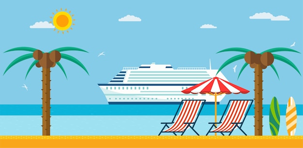 Vector vakantie en reizen. zeestrand met ligstoel en parasol, cruiseschip in zee.