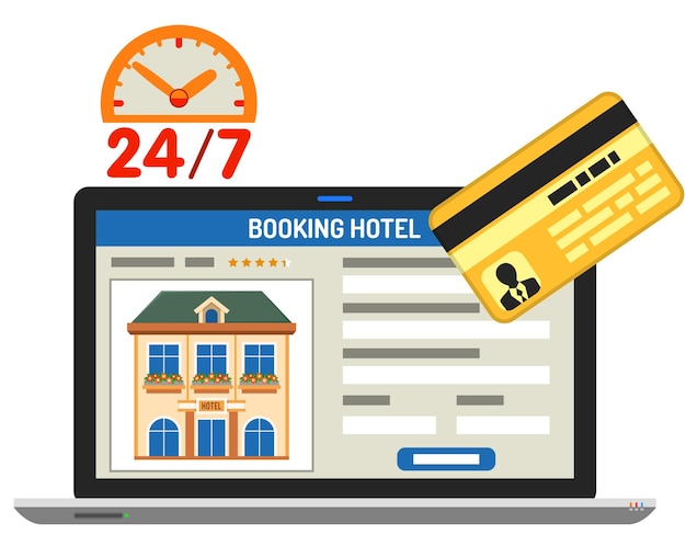 Vakantie- en toerismeconcept met platte pictogrammen voor mobiele toepassingen Websitereclame zoals planning, boeking, hotel en laptop