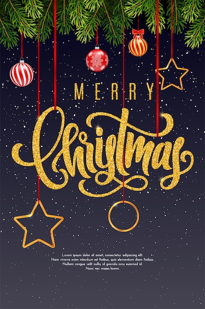 Vakantie Geschenkenkaart met gouden hand belettering Merry Christmas and Christmas balls, fir tree branches