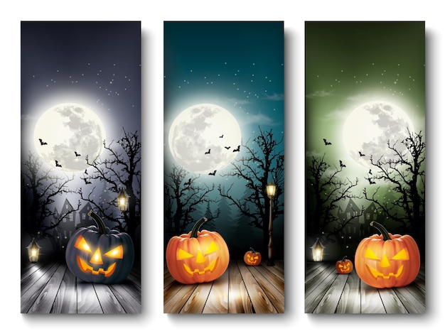 Vakantie halloween banners met pompoenen en maan.