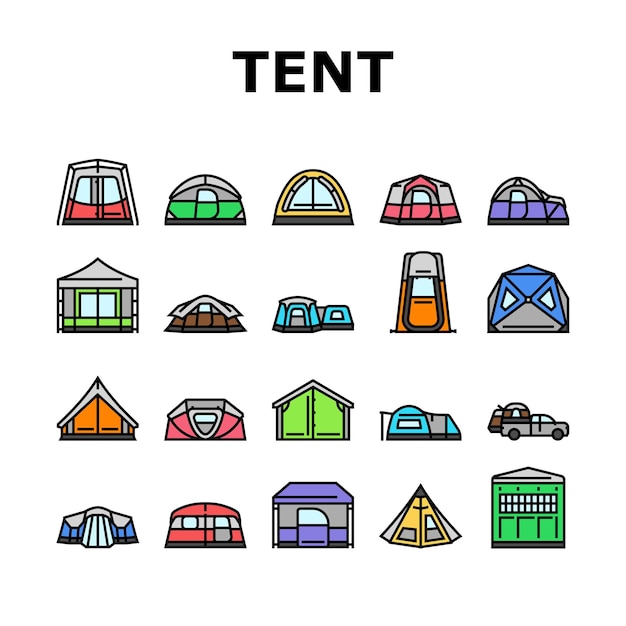 Vakantie in tenten reis toerisme iconen set vector