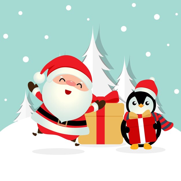 Vakantie kerst wenskaart met kerstman en pinguïn cartoon vectorillustratie