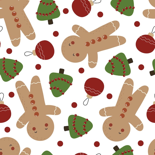 vakantie naadloos patroon met cartoon peperkoek man, kerstboom, bal, decoratieve elementen