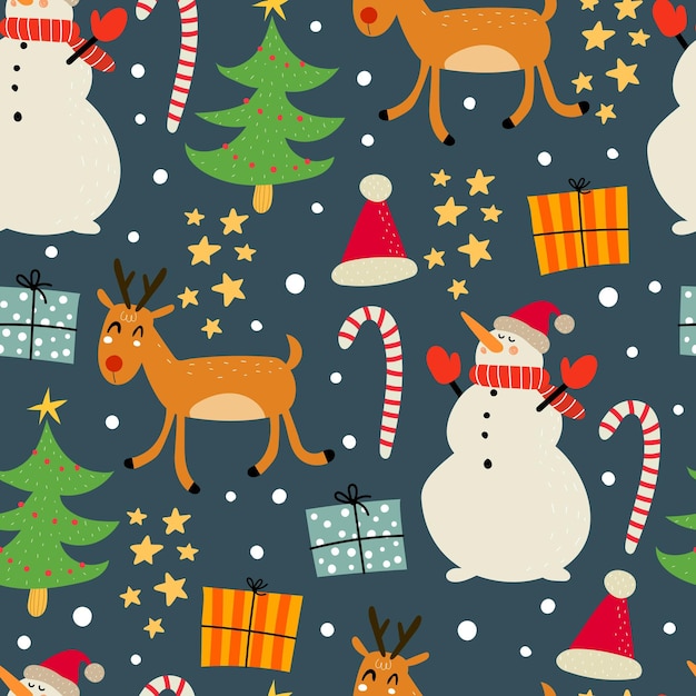vakantie naadloos patroon met kerstboom, sneeuwpop, hert, zuurstok, decoratieve elementen