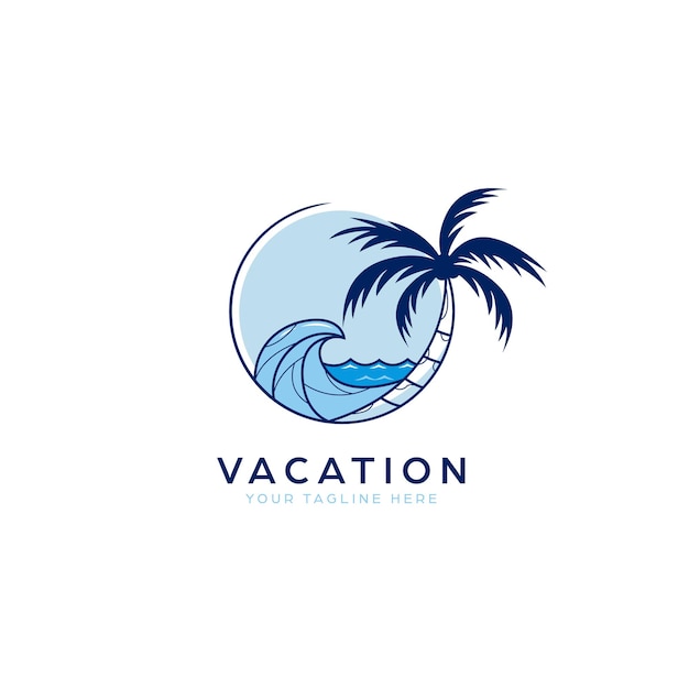 Vakantie strand zee met palmboom en blauwe golven logo pictogram illustratie