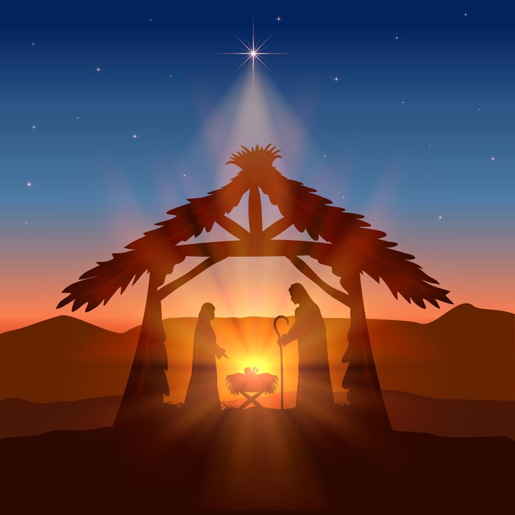 Vector vakantie thema. christelijke achtergrond met kerstster en geboorte van jezus, illustratie.