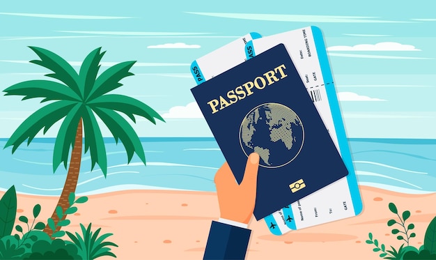 Vakantie toerisme zomer Concept met plat pictogrammen voor website reclame zoals Hand met paspoort en vliegtickets strand eiland bungalows en palmbomen boot vectorillustratie