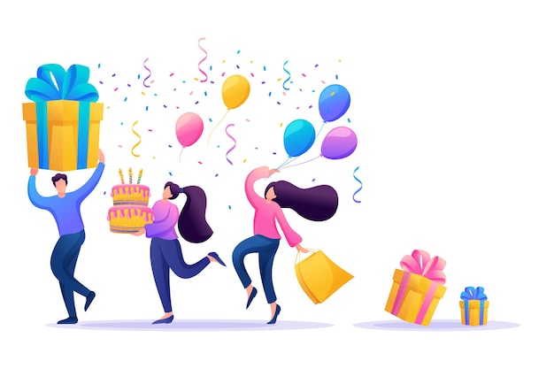 Vakantiefeest met vrienden. Mensen dragen cadeautjes, ballonnen, een cake met kaarsen, dansen en vieren de vakantie