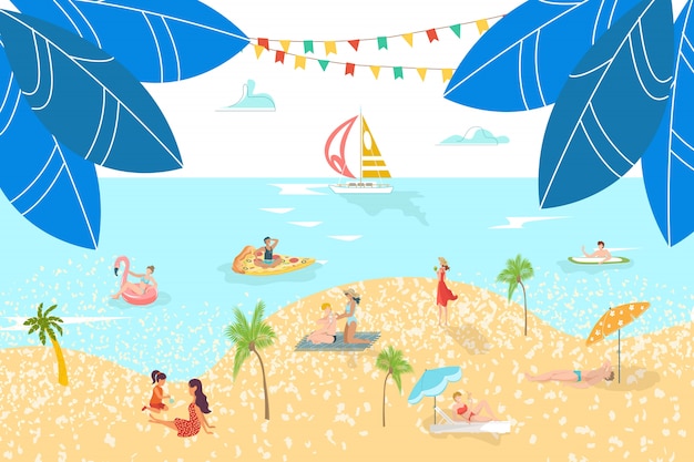 Vakantiegangers op zee strand rusten mensen zonnebaden, zeilen surfen op zand, vakantie water resort illustratie.