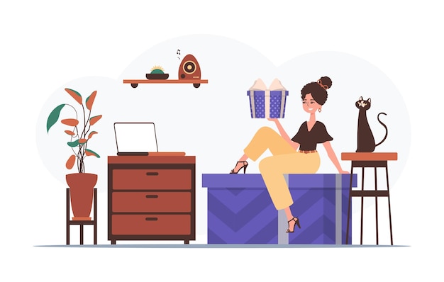 Vakantiegroeten concept Het meisje houdt een feestelijke geschenkdoos vast