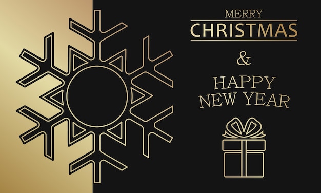 Vakantieillustratie met gouden tekst prettige kerstdagen en gelukkig nieuwjaar, sneeuwvlok en cadeau