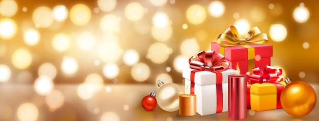 Vakantieillustratie met verschillende gekleurde geschenkdozen met linten en strikken brandende kaarsen en kerstballen op een onscherpe achtergrond met bokeh-effect in gouden kleuren