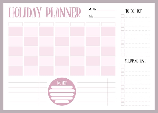 Vakantieplanner Organisator maandkalender takenlijst boodschappenlijstje en notities Horizontale sjabloon