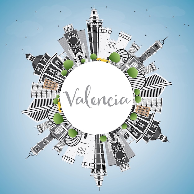 Orizzonte di valencia con edifici grigi, cielo blu e spazio di copia. illustrazione di vettore. viaggi d'affari e concetto di turismo con architettura storica. immagine per presentazione banner cartellone e sito web.