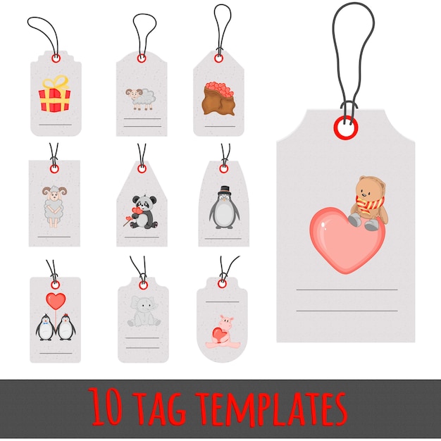 Valentijnscadeaulabels met dieren. Romantische valentijn dag label etiketten vector set